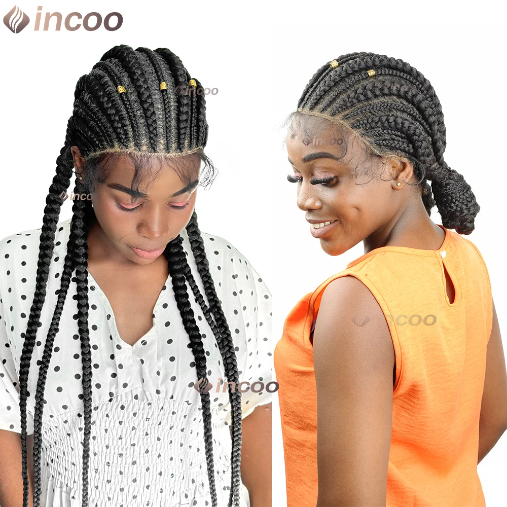 36 بوصة الاصطناعية فولاني شعر مستعار مضفر مع شعر الطفل كامل الدانتيل اليدوية Cornrows عالية ذيل حصان مضفر الدانتيل الباروكات للنساء السود