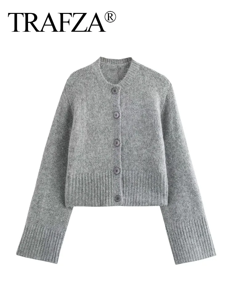 TRAFZA Woman Single Breasted O-Neck Warm Slim Sweater Top Autumn Fashion Women Grey Long Sleeves Knitted Short Cardigan Mujer