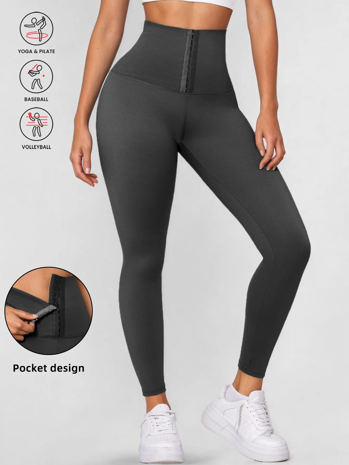 Women's Three-Row High-Waisted Stretch Yoga Pants - Solid Color Buttoned Leggings, Tighten the Waist and Lift the Hips
