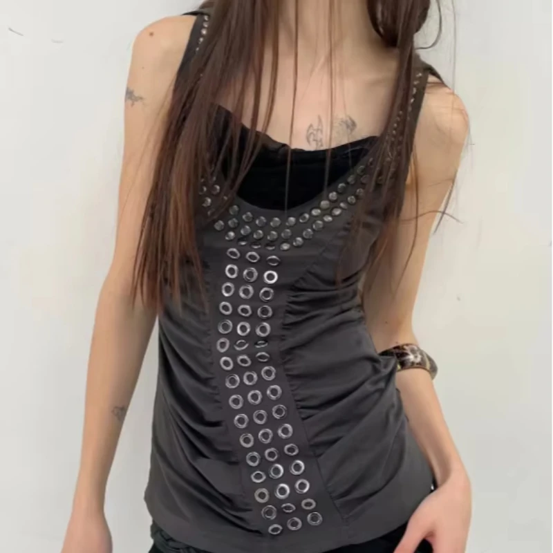 Summer New Cross border Women's Fashion Harajuku Metal Decorative Strap European and American Solid Color Sleeveless Tank Top