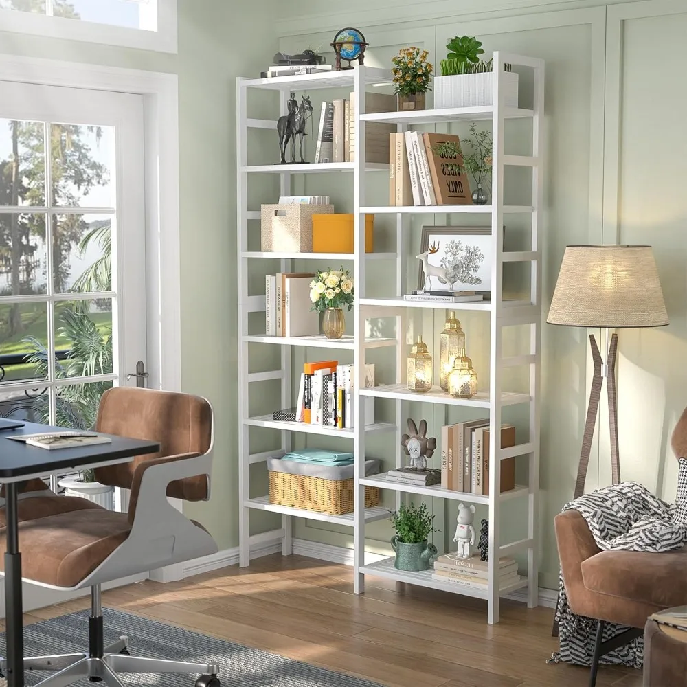 Double Wide 6-Tier Bamboo Bookshelf White, 6ft Tall Bookcase with 12 Open Display Shelves, Large Book Shelf Freestanding