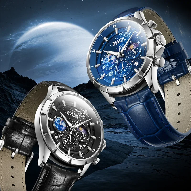 Man Multi Function Moon Phase Star Series Watch Men Leather Waterproof Luminous Automatic Quartz Watch