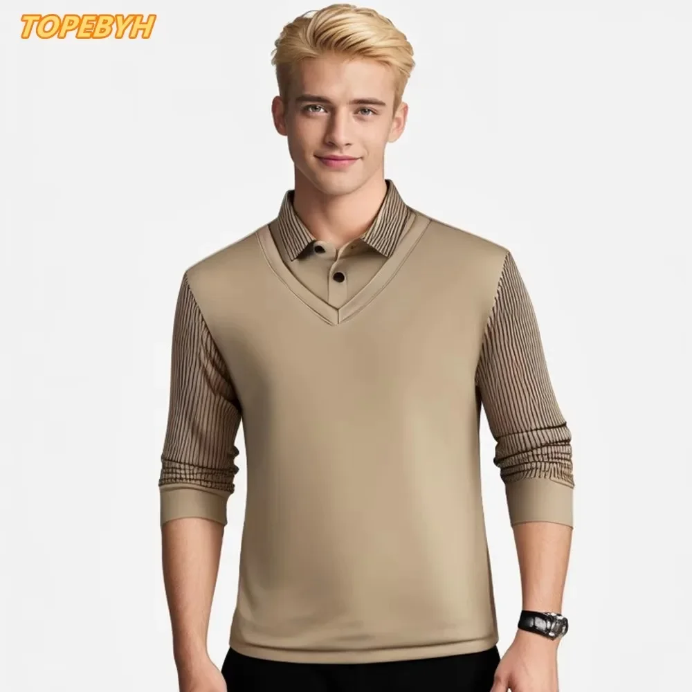 2025 Duas gola falsa masculina diária casual camiseta manga comprida suéter pulôver tops lapela polo