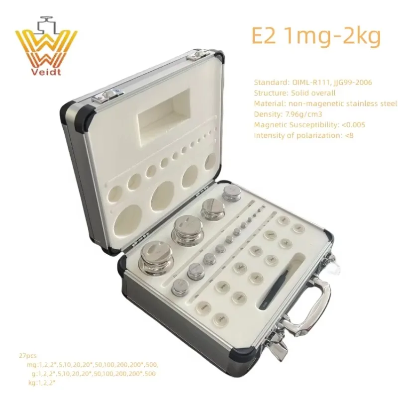 الوزن F1 1mg-2kg الصناعة القياسية اختبار الدقة كتلة القياسية 27 قطعة الفولاذ المقاوم للصدأ معايرة الوزن مجموعة