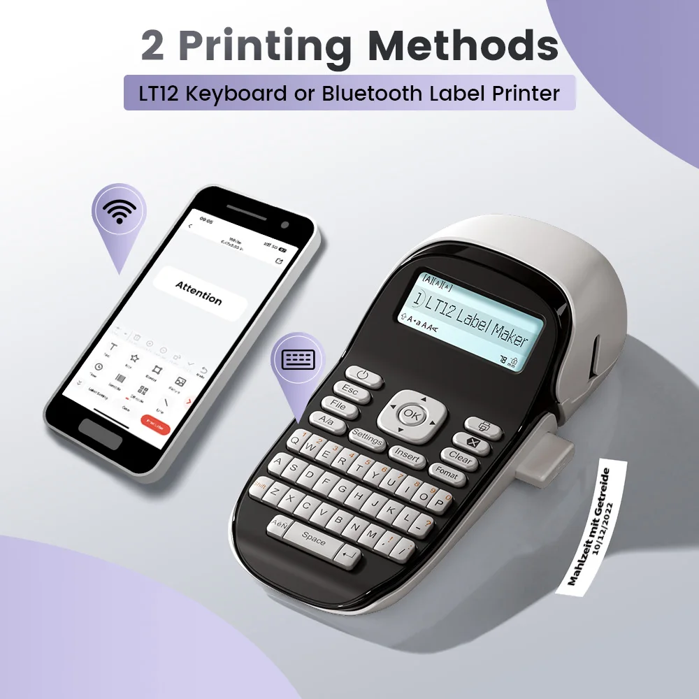 LT12 Etikettendrucker, tragbarer tintenloser Etikettendrucker, Bluetooth-Handaufkleberdrucker für Büro und Zuhause, Qwerty-Tastatur, One-Touch-Taste