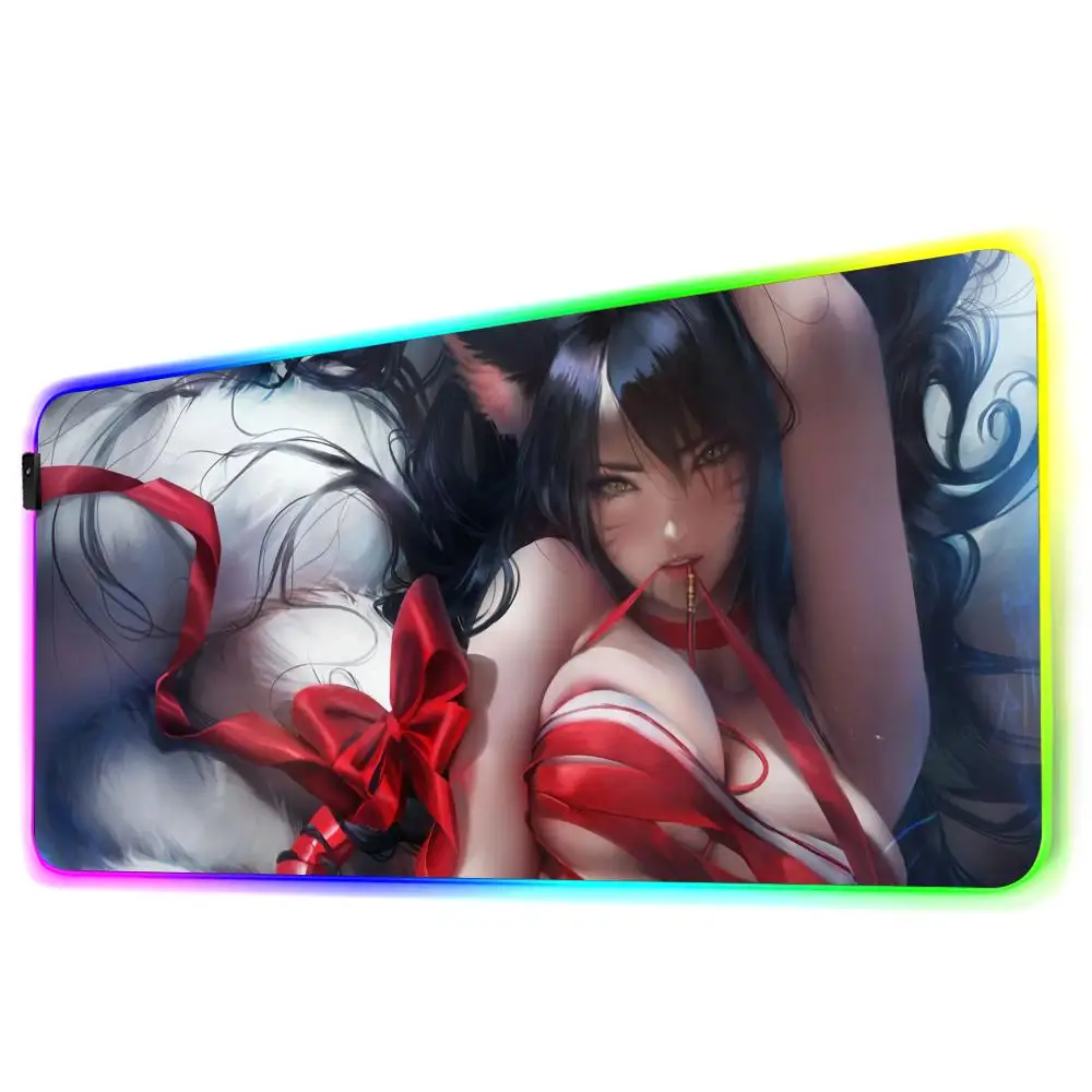 Alfombrilla de ratón Ahri para Gamer, alfombrilla de escritorio Rgb, retroiluminación Led, configuración de alfombrilla de ratón, accesorios para juegos, alfombrilla de ratón grande con retroiluminación