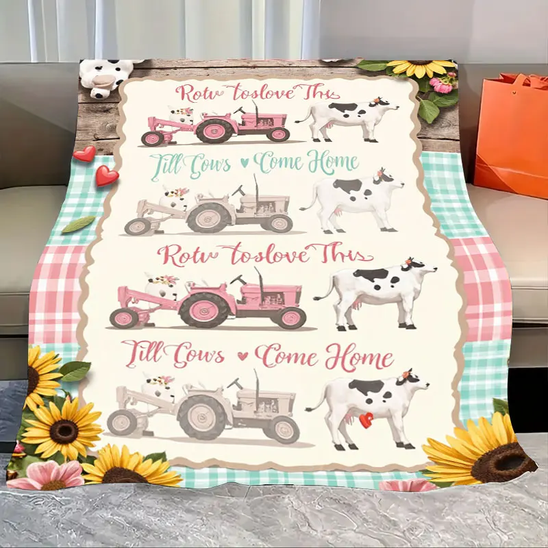 

1pc Flannel Blanket "Farmhouse Pink Tractor & Cow Blanket - Rustic Country Style"