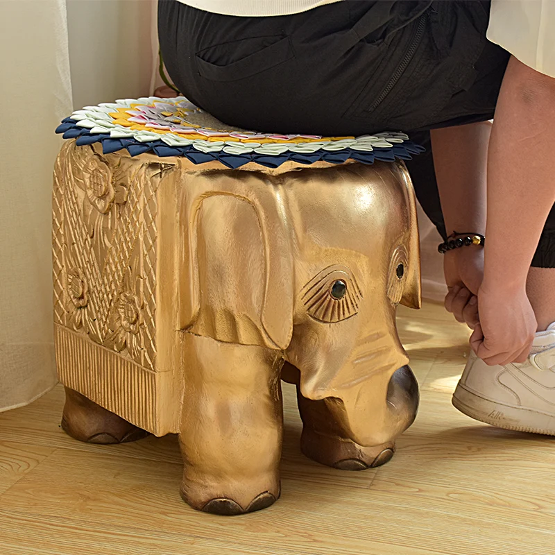 Thailand imported solid wood carving flower shoe stool household living room entrance wooden elephant stool low stool lucky home