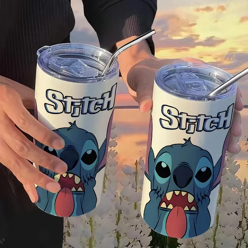 Disney Lilo & Stitch อะนิเมะตัวเลข THERMOS ถ้วยฟางถ้วยกาแฟดูดีส่วนบุคคล Creative ถ้วยน้ําแบบพกพาเด็กของขวัญ