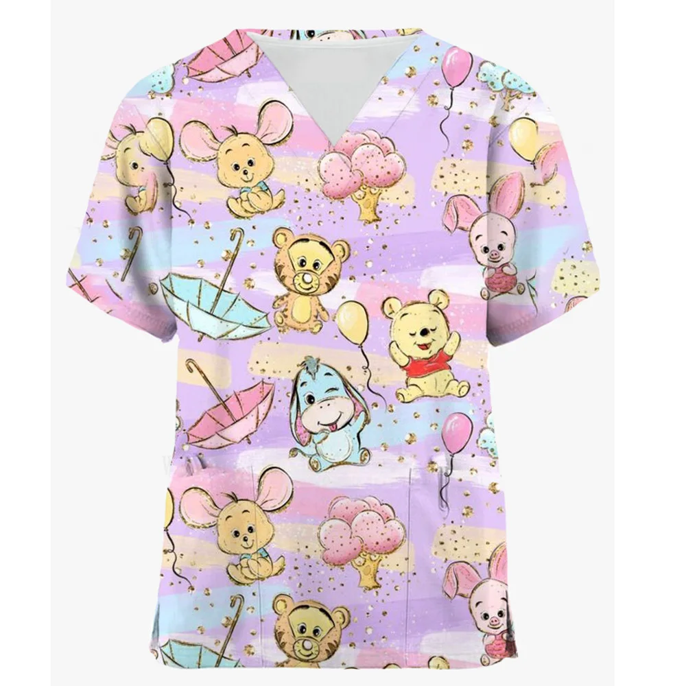 Winnie the Pooh Clinic Hospital Nurse Workwear Teeth 3D Printing T-shirt Women's V-neck Pocket Medical Clothing Nursing Top Work