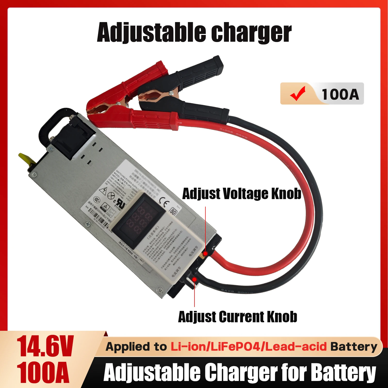 

15V 3-100A Adjustable Universal Battery Charger Preset Modes 12.6V for Lithium 14.6V for LiFePO4 12V for Lead Acid 60A 100A Outp