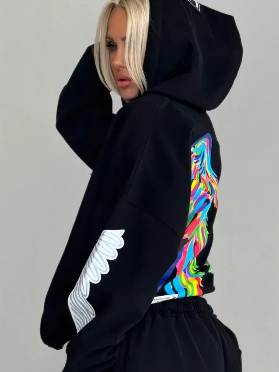 Autumn and Winter American Street Fashion Heavy Industry Printed Hoodie Versatile Personalized Casual Trendy Brand Top