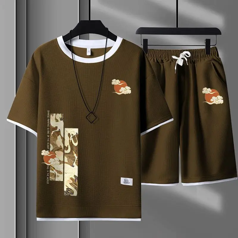 

Casual Men Summer Short Sleeve Tracksuit Chinese Style Graphic Tee and Shorts Set Loose Comfortable Teen Boys Streetwear Outfit