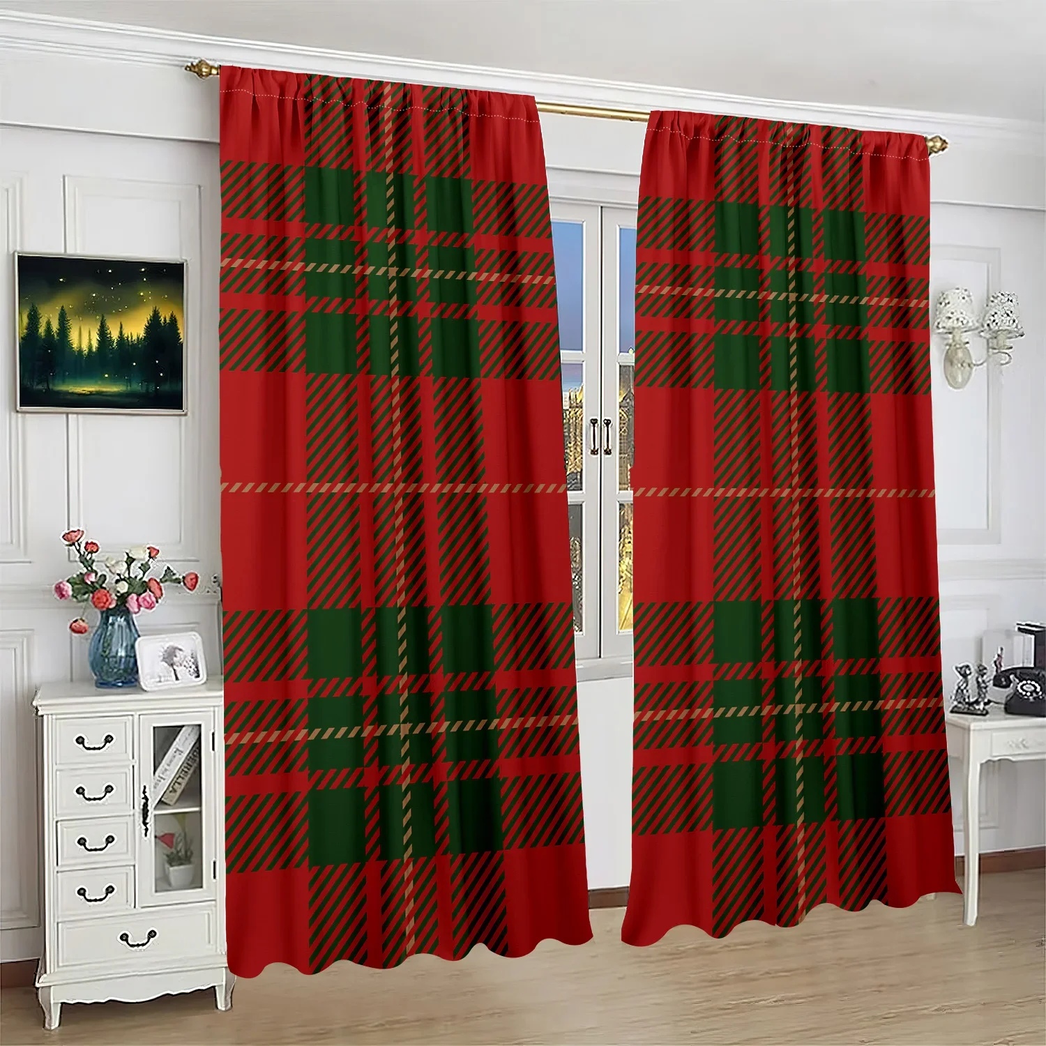 ​Classic Plaid Print Curtains 2-Piece Polyester Set for Bedroom, Living Room & Study Decor, Timeless Checkered Window Treatment