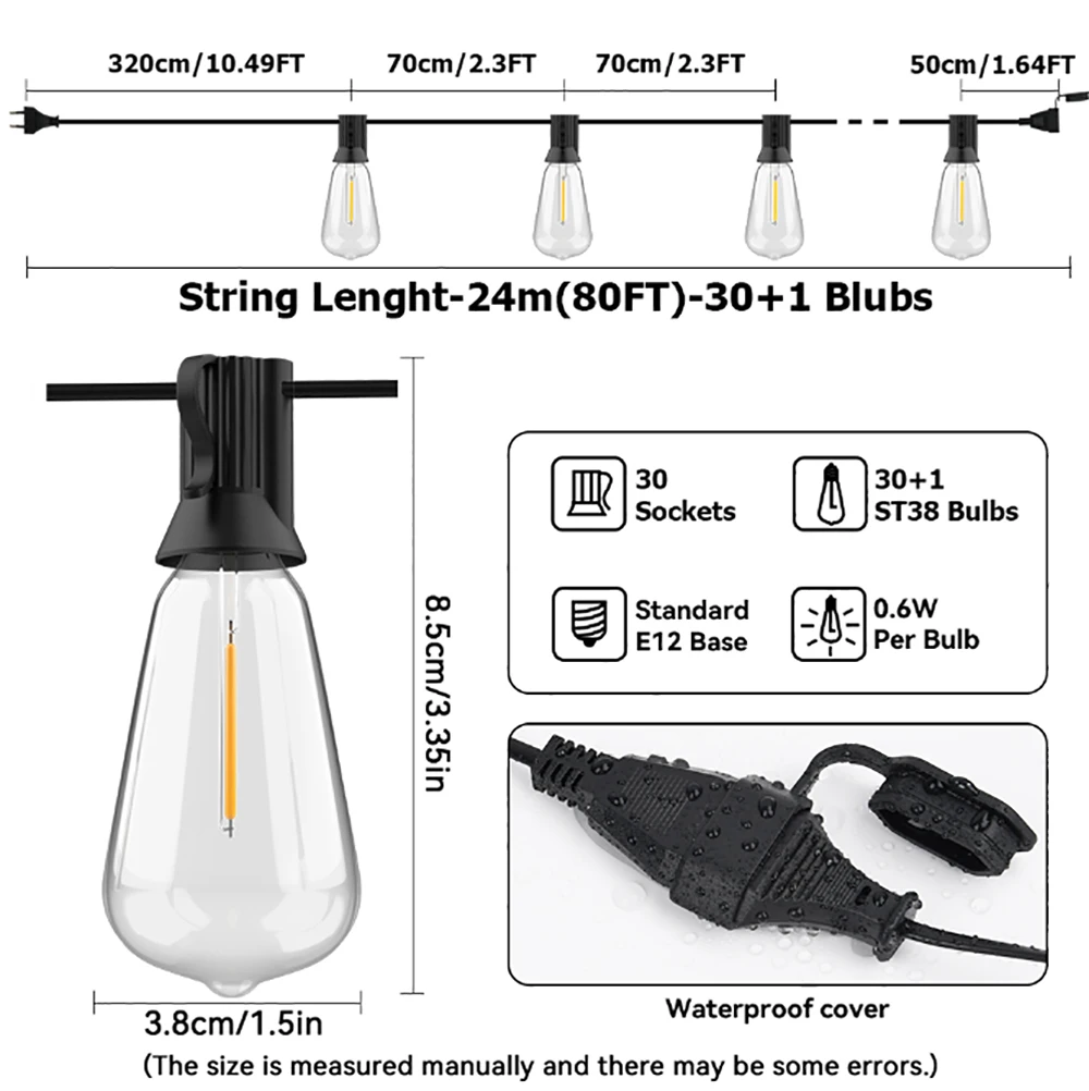 20M 30M ST38 Guirlande Licht String Onbreekbaar Led-lampen Outdoor IP44 Patio Tuin Bruiloft Halloween Kerst Decor lamp
