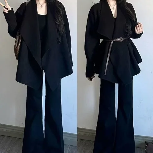 

Ранняя осень, повседневная модная черная куртка с лацканами