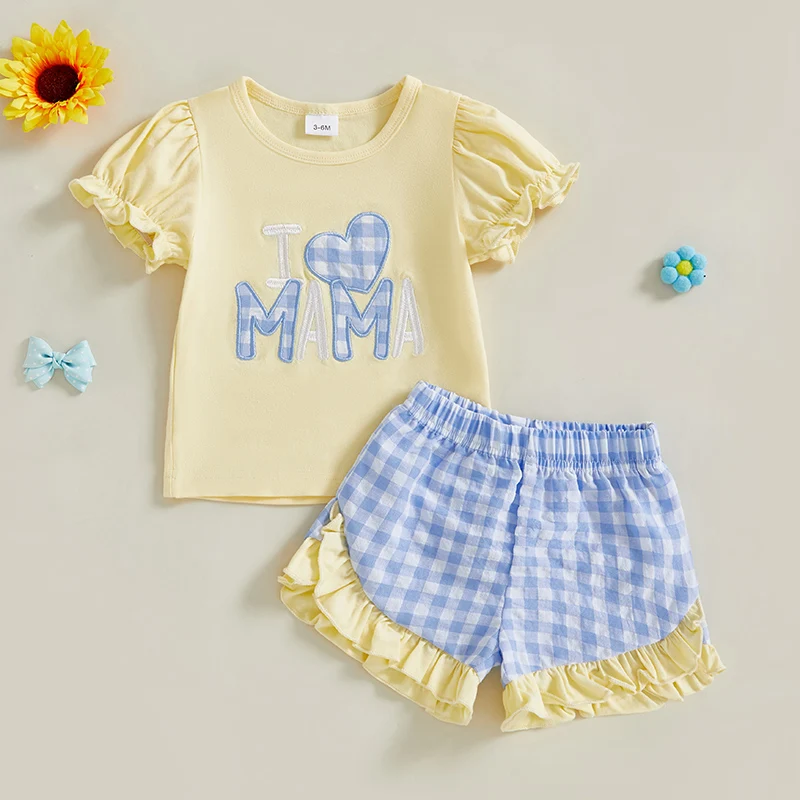

Toddler Summer Clothes Baby Girl Letter Print Puff Sleeve T Shirt Plaid Shorts Set Mamas Girl Baby Girl Outfit