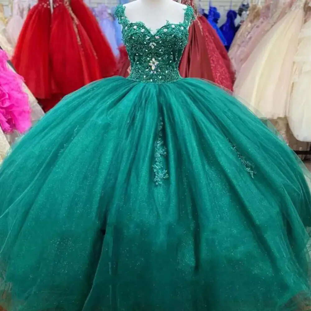 ANGELSBRIDEP-vestido quinceanera verde esmeralda para meninas, apliques artesanais de renda, espartilho com contas plus size, vestido de baile doce 15, vestido para festa