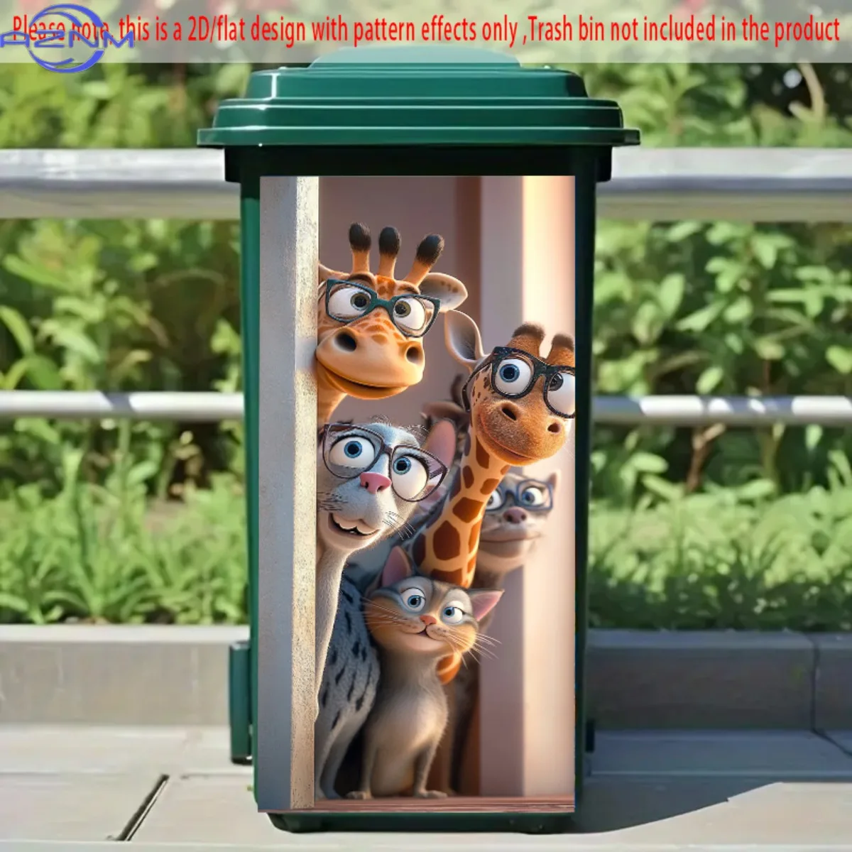 2D/FLAT, Self-Adhesive Dustbin Stickers, 14.57*32.28Inch, Group of Cartoon Animals Including Giraffes And Cats Wearing Glasses