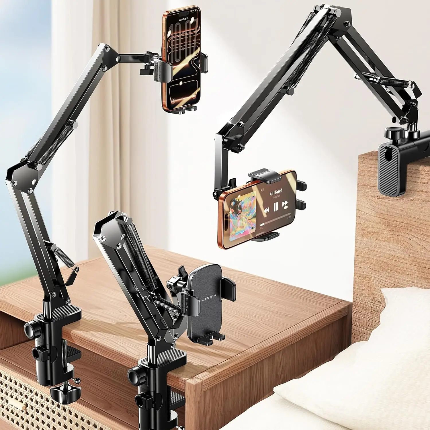 Gooseneck Phone Holder for Bed Desk, [3rd Upgrade] Cell Phone Stand for Desk Bed Gaming Accessories, Flexible Magic Arm Clamp