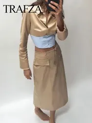 TRAFZA Women Fashion Khaki Skirt Sets Patchwork Blouse Long Sleeve Button Cropped Shirt + Slim Midi Skirts With Front Pocket