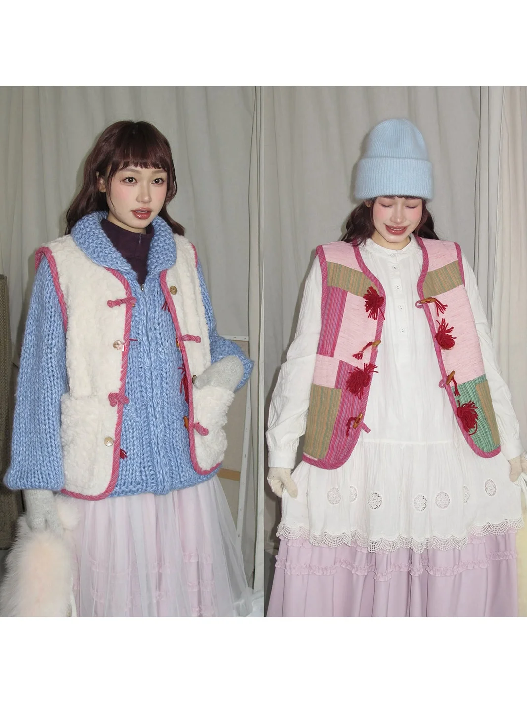 

Korean Style Two-Sided Wear Sheepskin Vest Design Sensation Small Audience Color Collision Girl's Sweater Cardigan