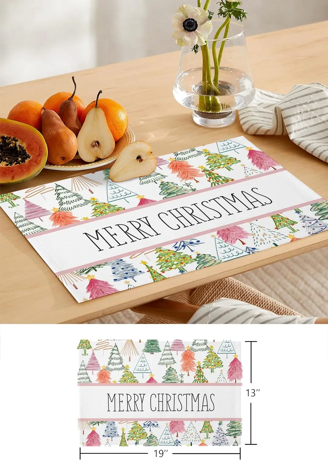 Place Mats Set of 4 Washable Colorful Christmas Trees Watercolor Xmas Tree Heat-Resistant Placemats for Dining Table 18x12 Inch