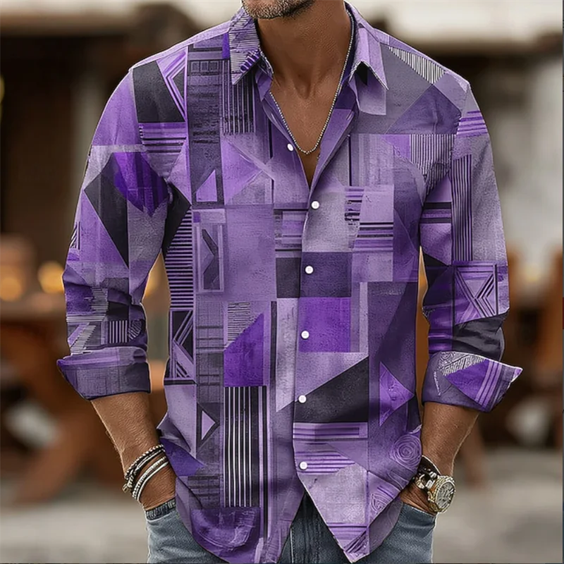 

New Men's Hawaiian Shirt Purple Striped Printed Shirt Fashion Elegant Beach Long Sleeve Shirt Temperament Lapel Men