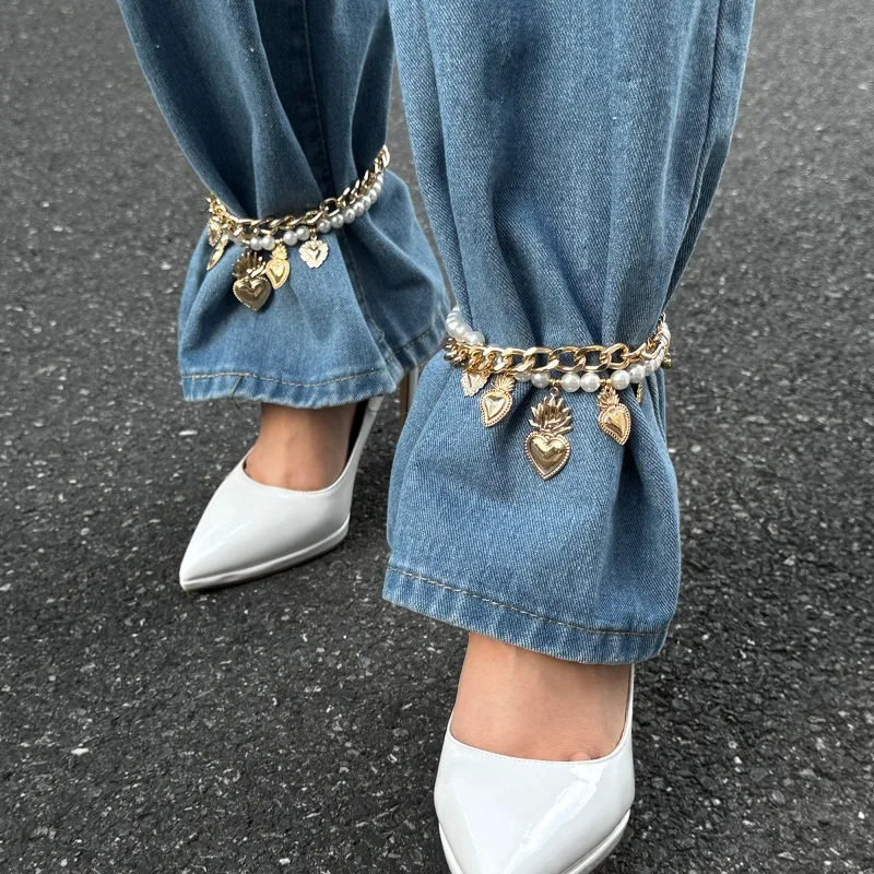 Europe and America Pearl Heart Pendant Metal Jeans Chain for Women Fashion Jewelry Minimalist Accessories Wholesale Party