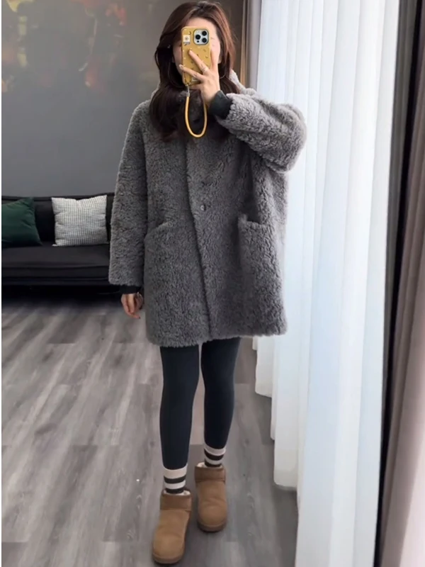 

Женское утепленное пальто средней длины из овечьей шерсти с капюшоном, осенне-зимняя модная универсальная женская одежда, хлопковая пуховая куртка