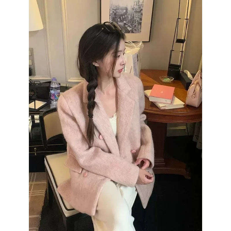 Korean Version of Pink Blazer Women's Autumn and Winter New Small Cotton Thickened Warm High-end Suit Top
