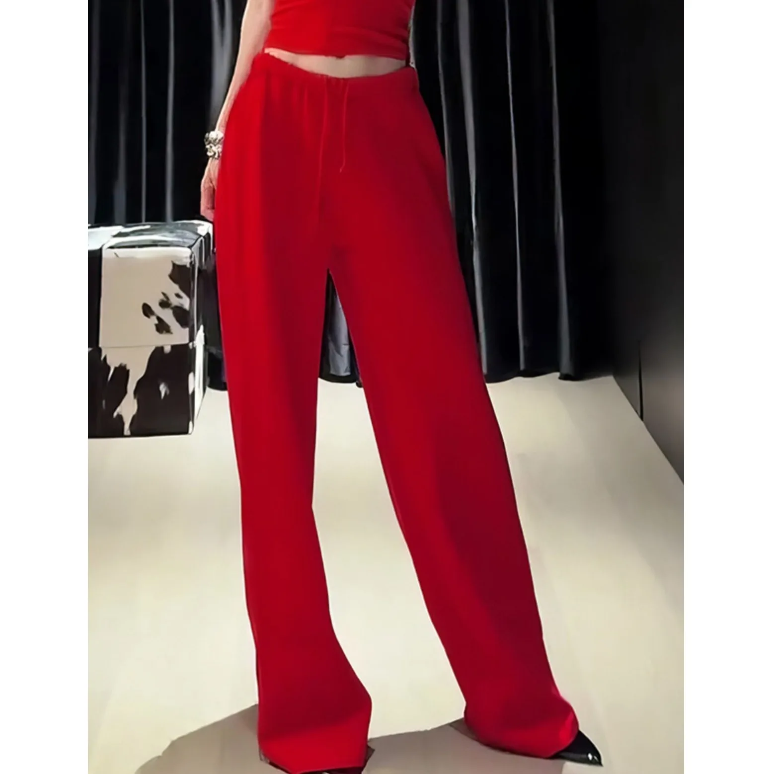 

Ele красные утягивающие повседневные брюки с высокой талией и широкими штанинами, женские модные весенние новые брюки с эластичной резинкой на талии, удлиняющие ноги