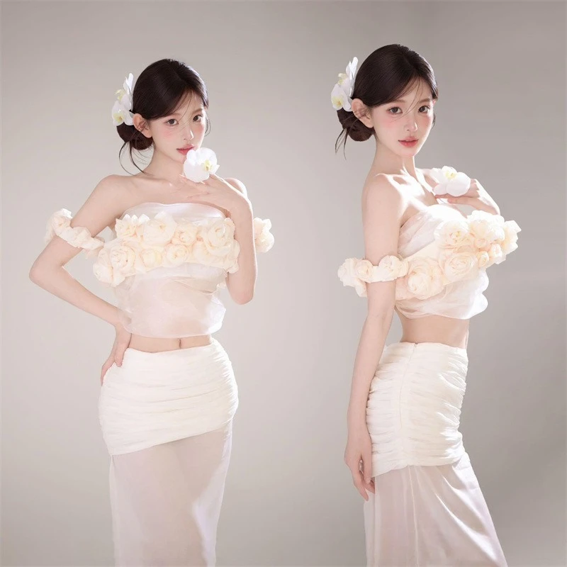 

Women Clothing for Maternity Studio Photoshoot Elegant White Floral Off-shoulder Top with Long Skirt 2pcs for Photography Shoot