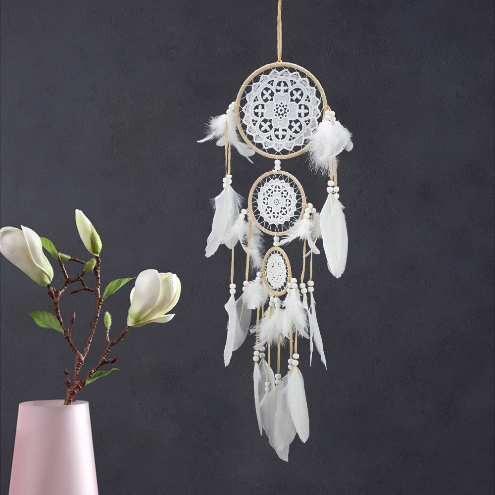 3-Ring White Lace Dreamcatcher Handmade Woven Wall Hanging, Soft Feather Wooden Bead Boho Wall Decor for Home Decoration Gift.