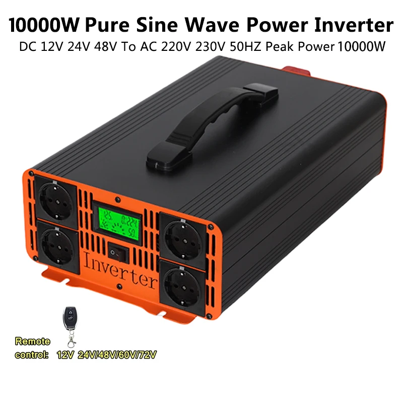 Pure Sine Wave Inverter 12/24V 220V 10000W 7000W Car Power Solar Inverter 12/24/48/60/72/96V DC to AC 220V Converter Transformer