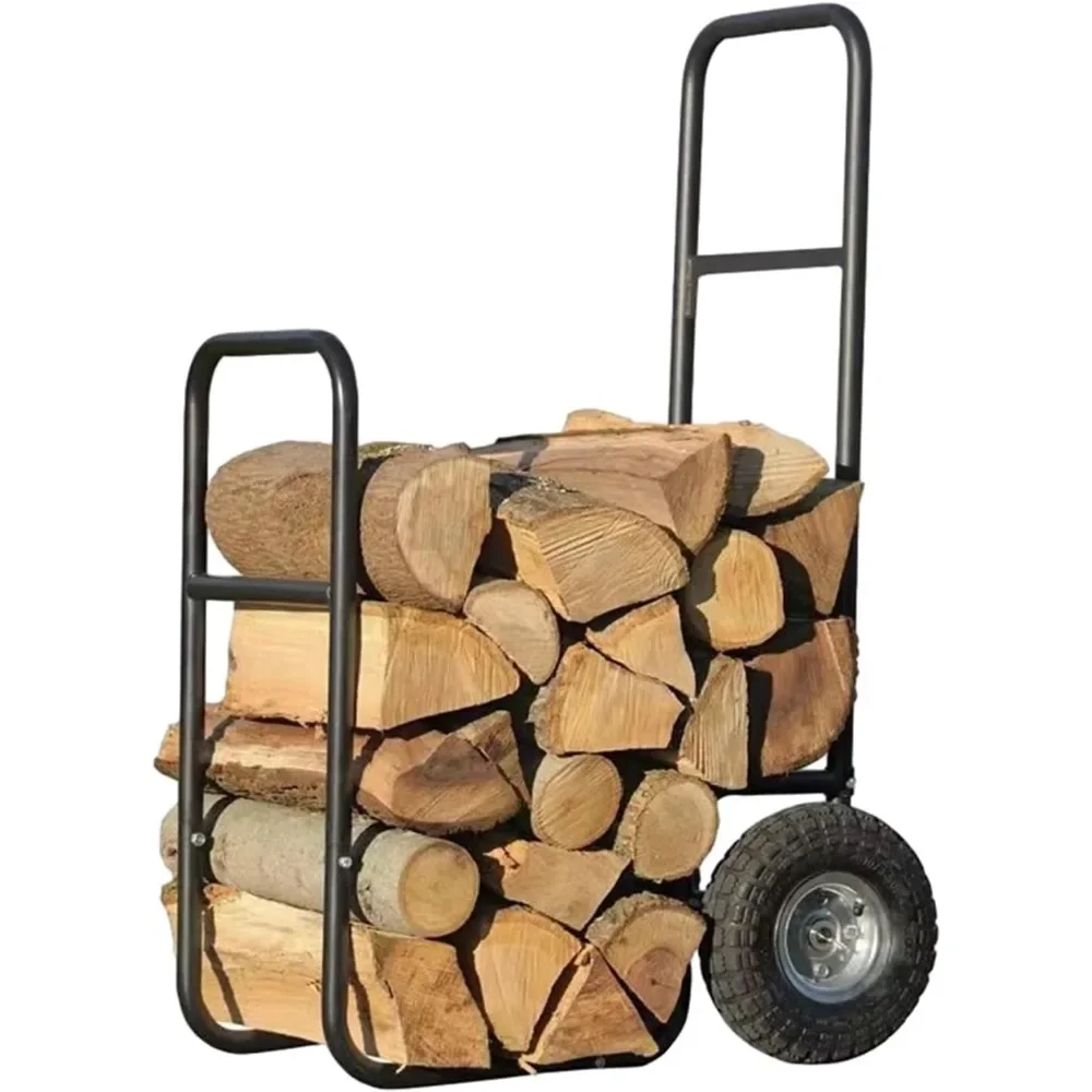 Portable Firewood Log Storage Rack with Wheels, Pushable Indoor Outdoor Firewood Rack, Heavy Duty Household Kindling Holder Wood