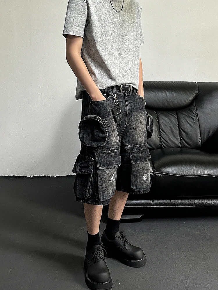 REDDACHiC Hiphop Men Cargo Pockets Denim Shorts Black Washed Destroyed Wide Leg Baggy Jeans Jorts Vintage Harajuku Streetwear