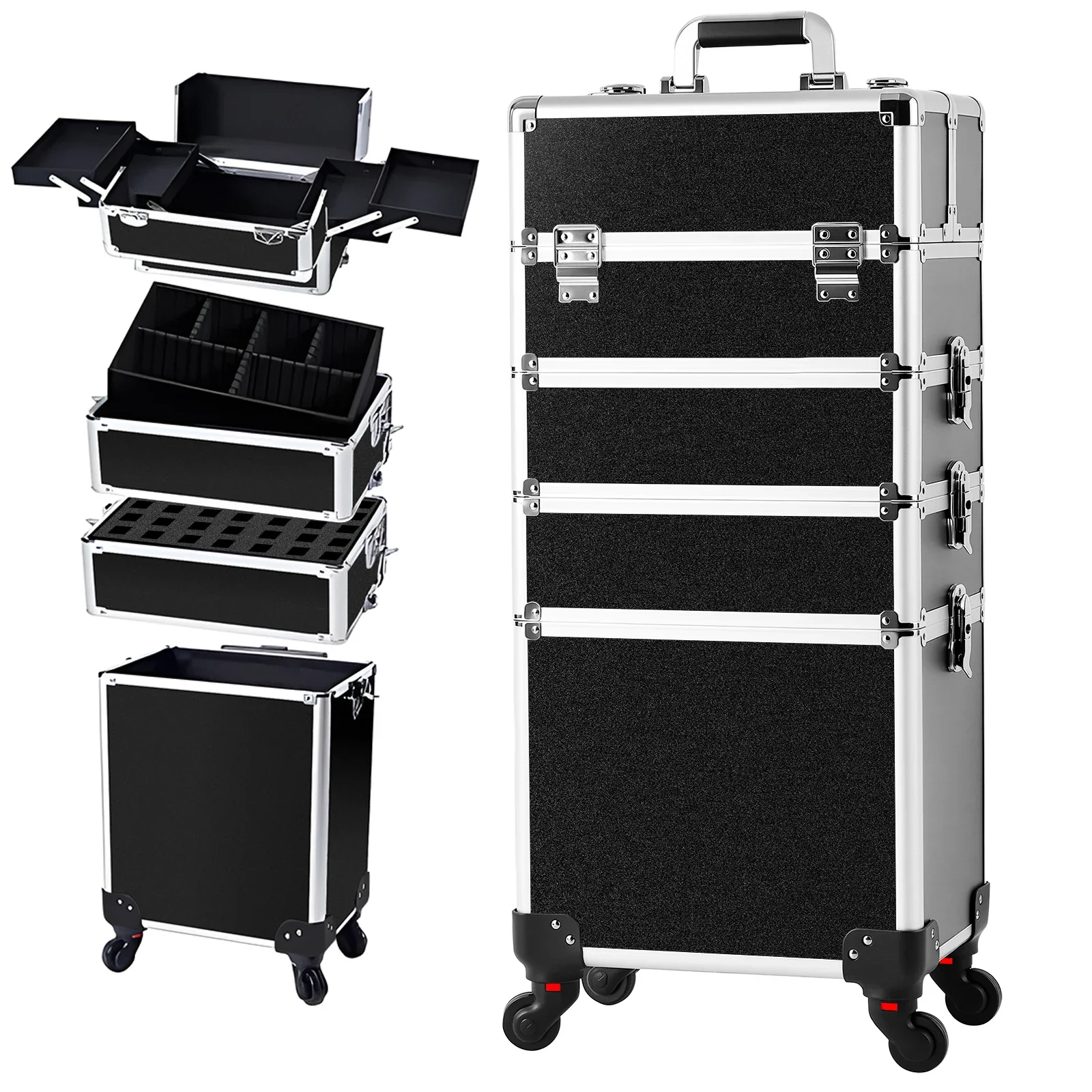 

4-in-1 Tall Vanity Case Makeup Box Make Up Beauty Trolley On Wheels Makeup Case Organiser Rolling Box Nail Technician Case