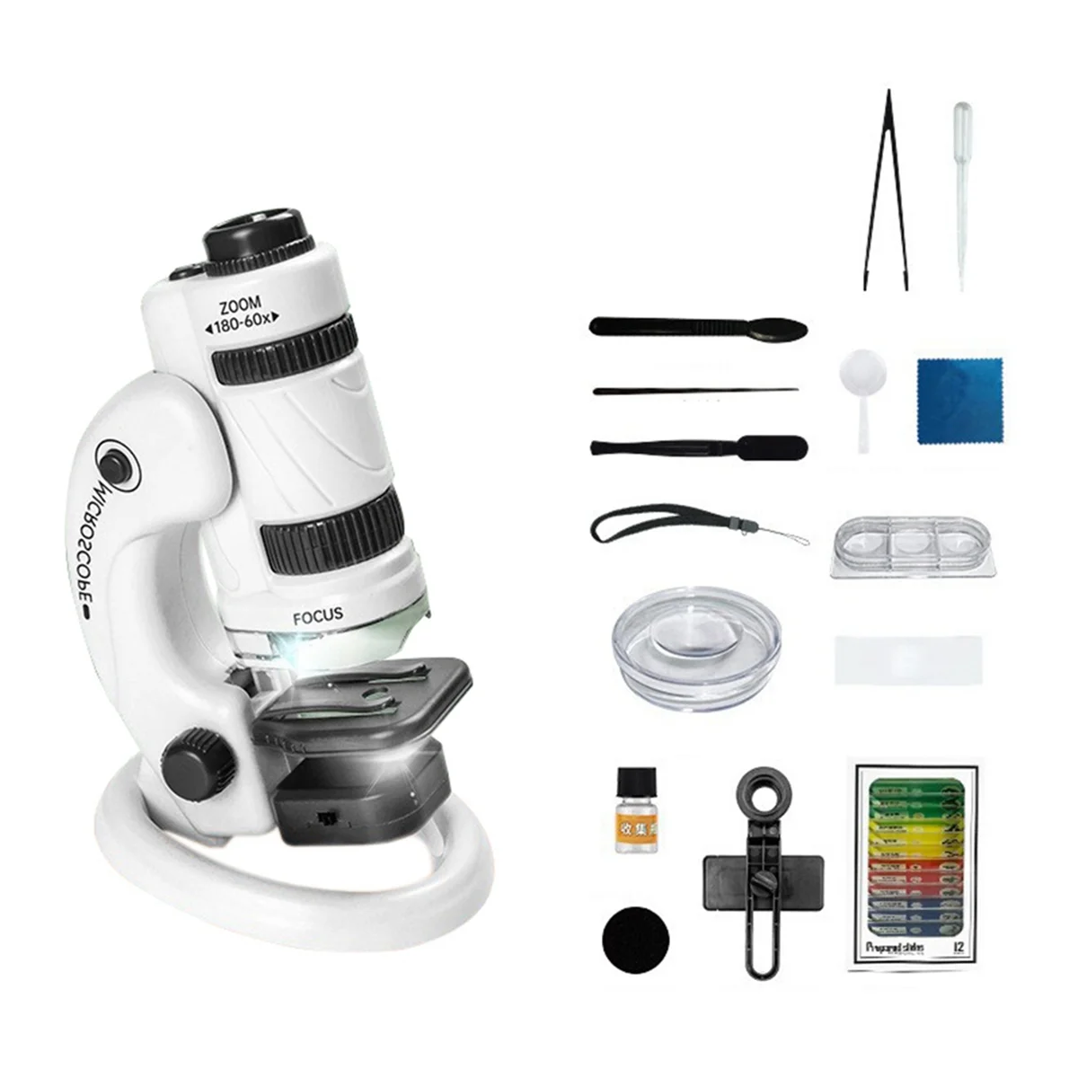 Kids Science Microscope Kit 60-180X Educational Mini Pocket Handheld Smart Phone Microscope with LED Light White+Black