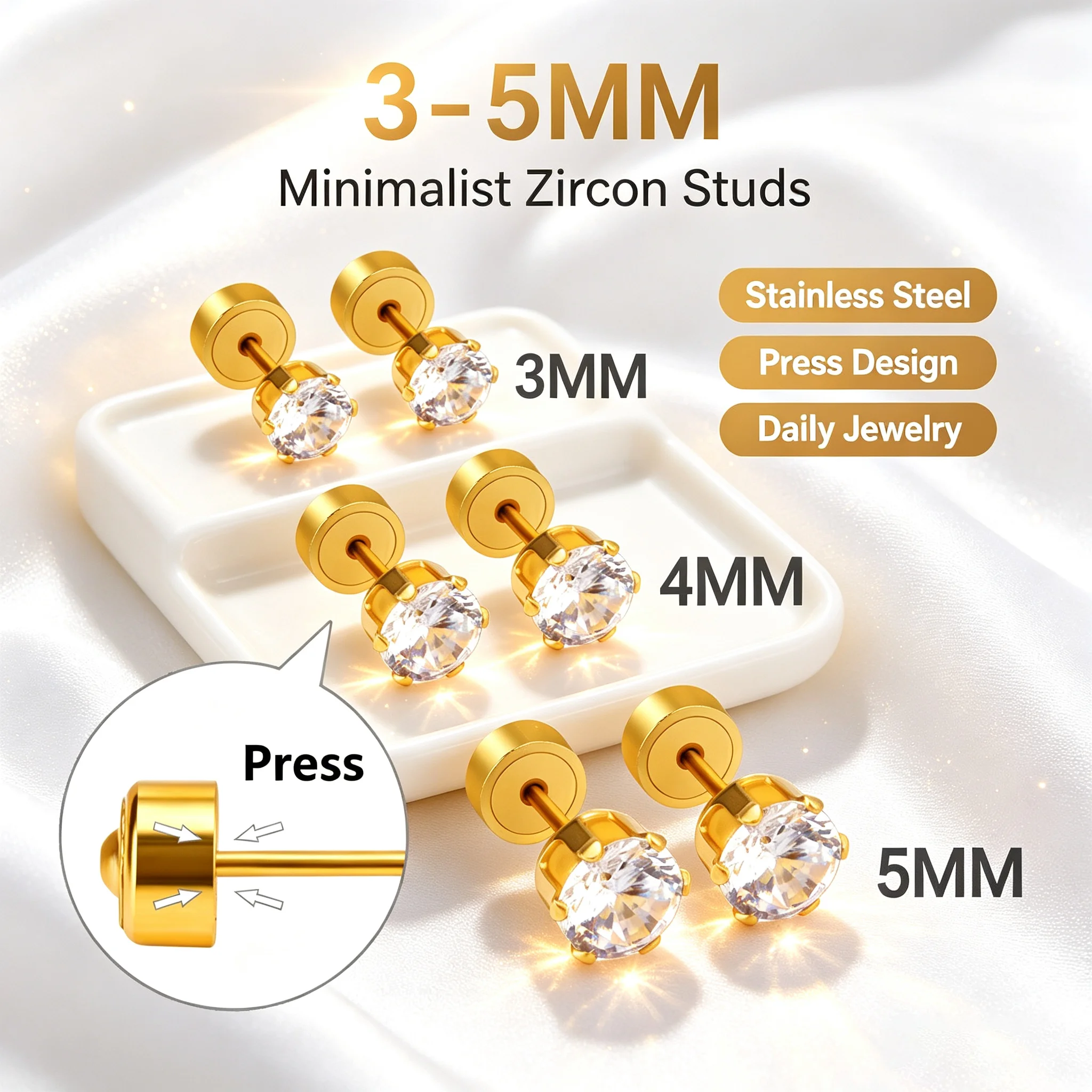 3-5MM Round CZ Press Stud Earrings, Gold Stainless Steel Six-Claw Cartilage Piercing Earrings Minimalist Ear Jewelry For Daily