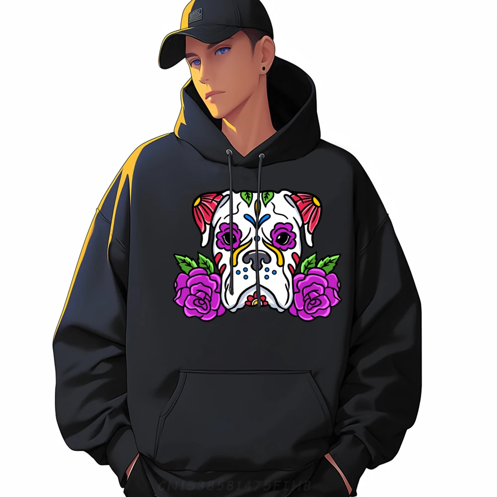 

White Boxer Sugar Skull Dia De Los Muertos Day Of The Dead Funny Pullover Hoodies Anime Family