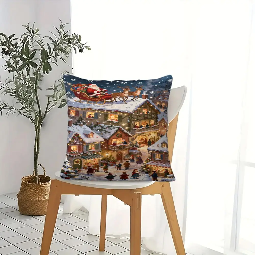Christmas Digital Print Throw Pillow Case Winter Snowy Village Cushion Cover Sofa Home Decor 45x45cm Gift Ideas