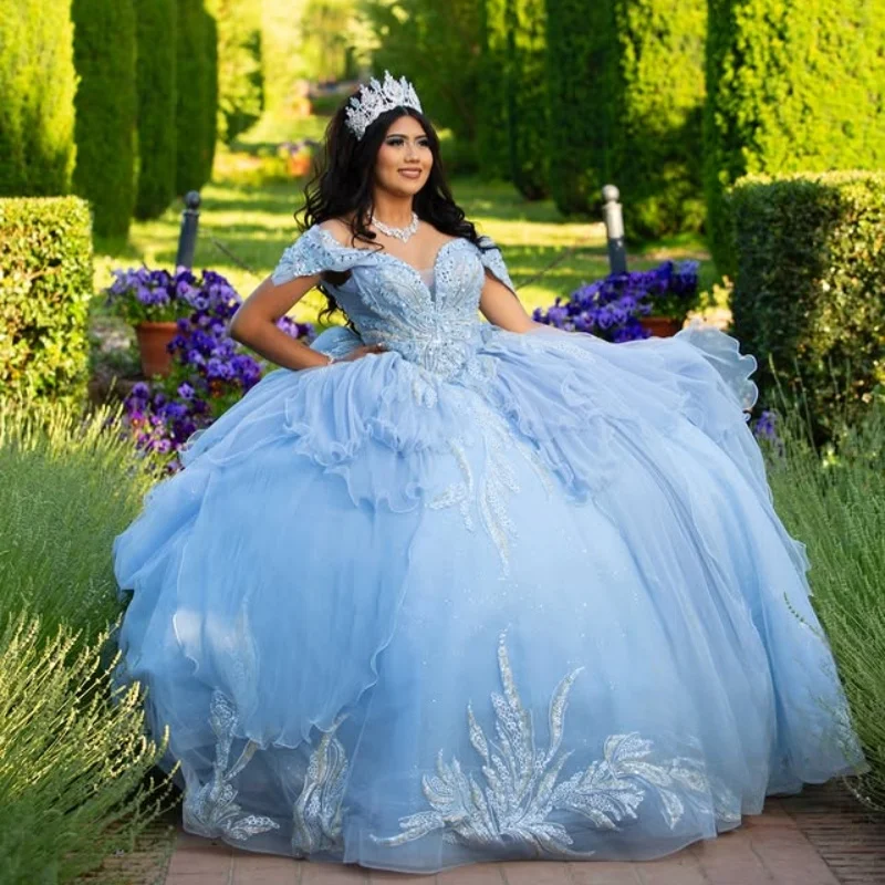 

Небесно-голубое платье Quinceanera с блестками и кристаллами, кружевное многослойное платье с длинным хвостом, Vestidos De 15, Quinceanera ﻿ Настроить