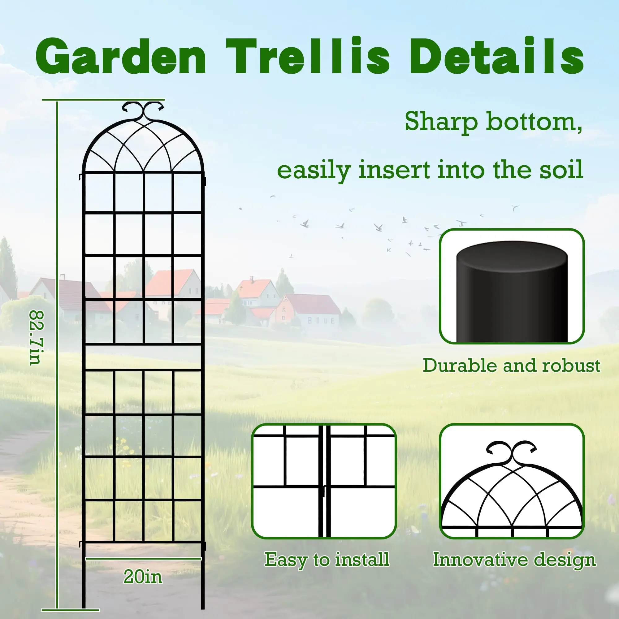 82.7 x 80in Rustic Iron Arch Decoration Garden Trellis with Black Metal Coating – Perfect for Supporting Climbing