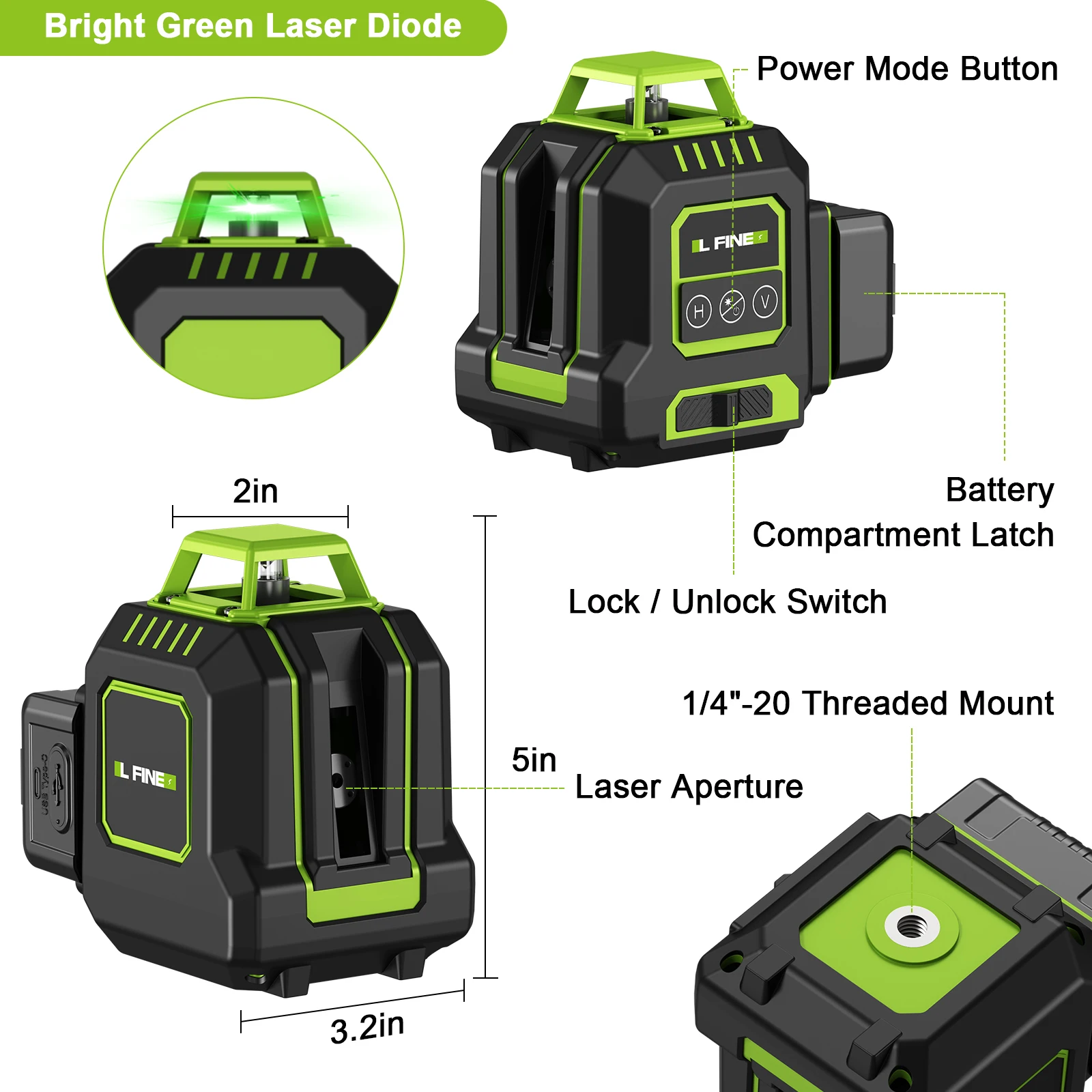 LFINE 5 Lines Professional Laser Level automatic 360° Self-Leveling Green Cross Line Laser with Horizontal Vertical Beam Tools