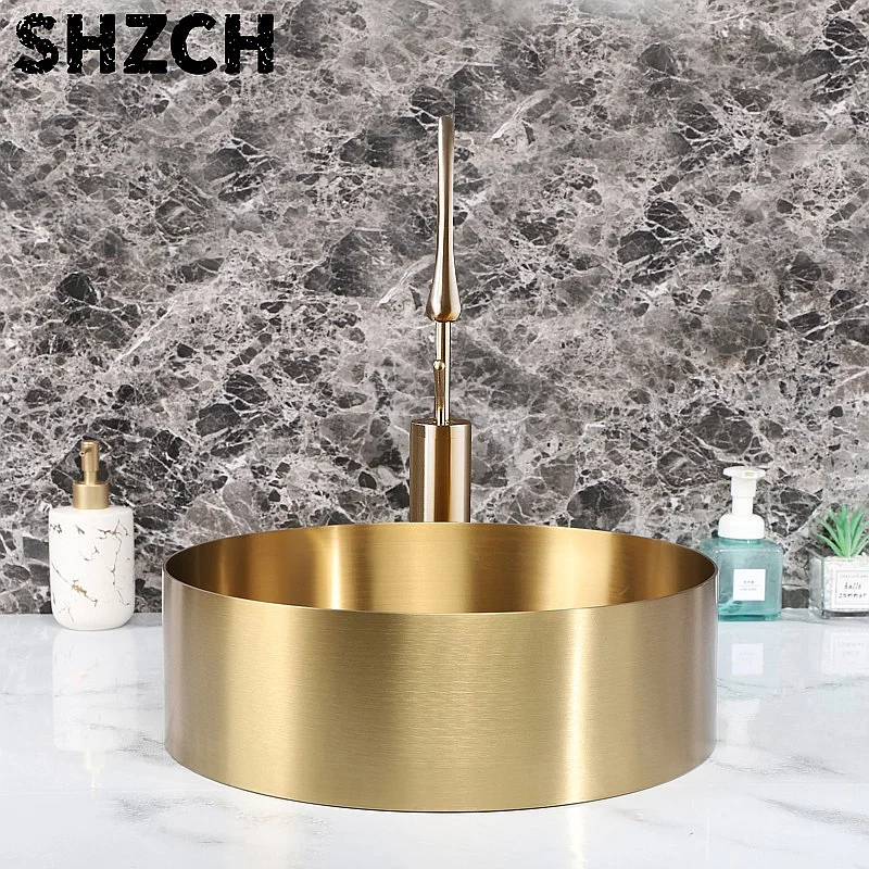 Golden Round Stainless Steel Countertop Basin Light Luxury Undermount Single Hotel Wash