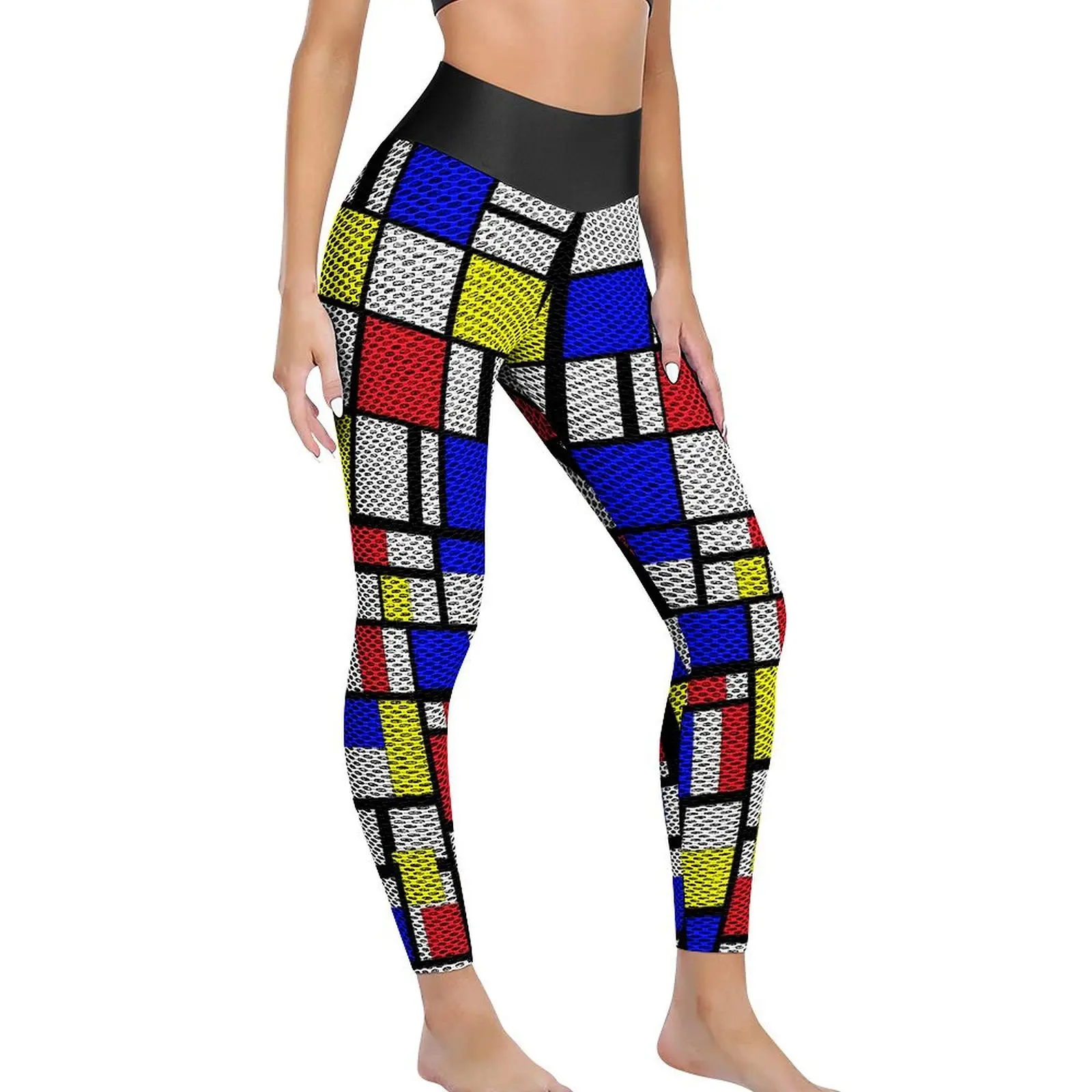 Color Block Art Leggings Mondrian Style Fitness Yoga Pants Female High Waist Retro Sport Pants Stretch Custom Yoga Leggings