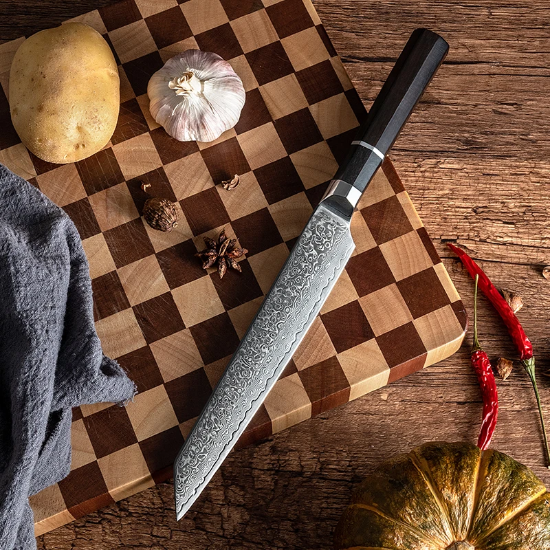 Cuchillo Sashimi de 8 pulgadas, hoja de doble filo, maquinilla de afeitar de acero damasco, cuchillo de Chef afilado, cuchillo de cocina para rebanar carne, mango de ébano