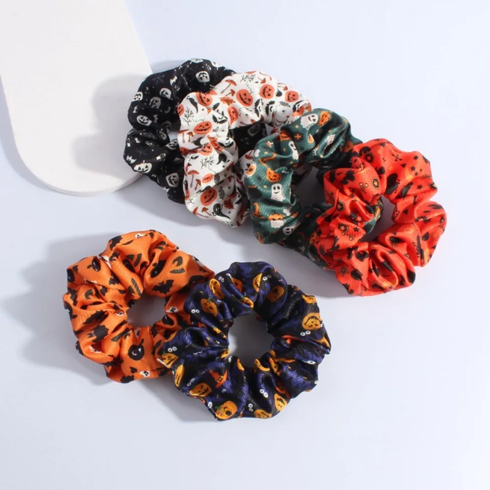1Pc Black Fabric Skull Halloween Scrunchies, Hair Ties for Women, Holiday Party Ponytail Holders Funny Spooky Photo