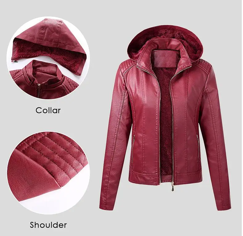Chaqueta de cuero con capucha para mujer, abrigo de piel sintética, abrigo cálido, prendas de vestir, Otoño e Invierno